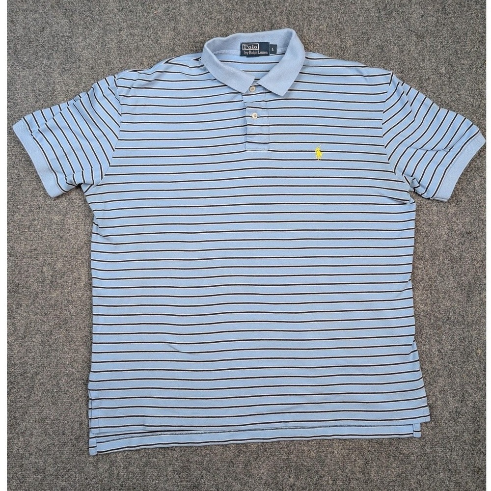 Polo Ralph Lauren Mens Large Blue Striped Short Sleeve‎ Polo Shirt Yellow Pony